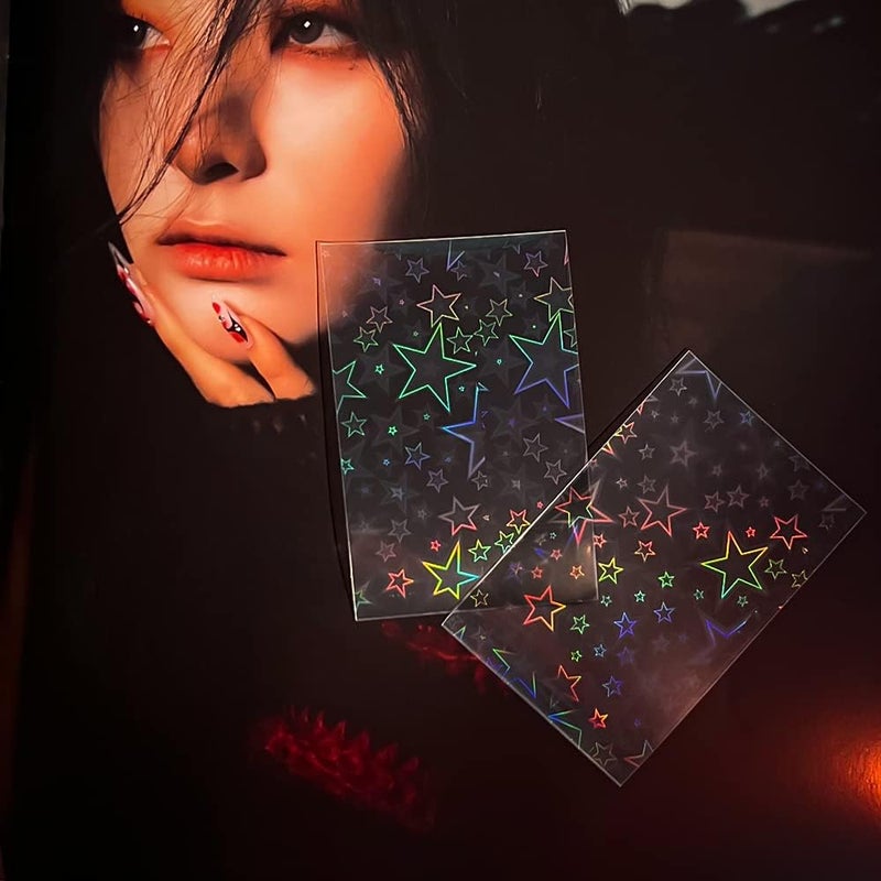 baskiss 100 Packs Laser Star Photocard Sleeves Kpop 200 Microns Ultra Thick Sleeves Idol Photo Cards Protector Trading Cards Shield Cover (New Star-Shape Laser, Unsealable) - Image 3